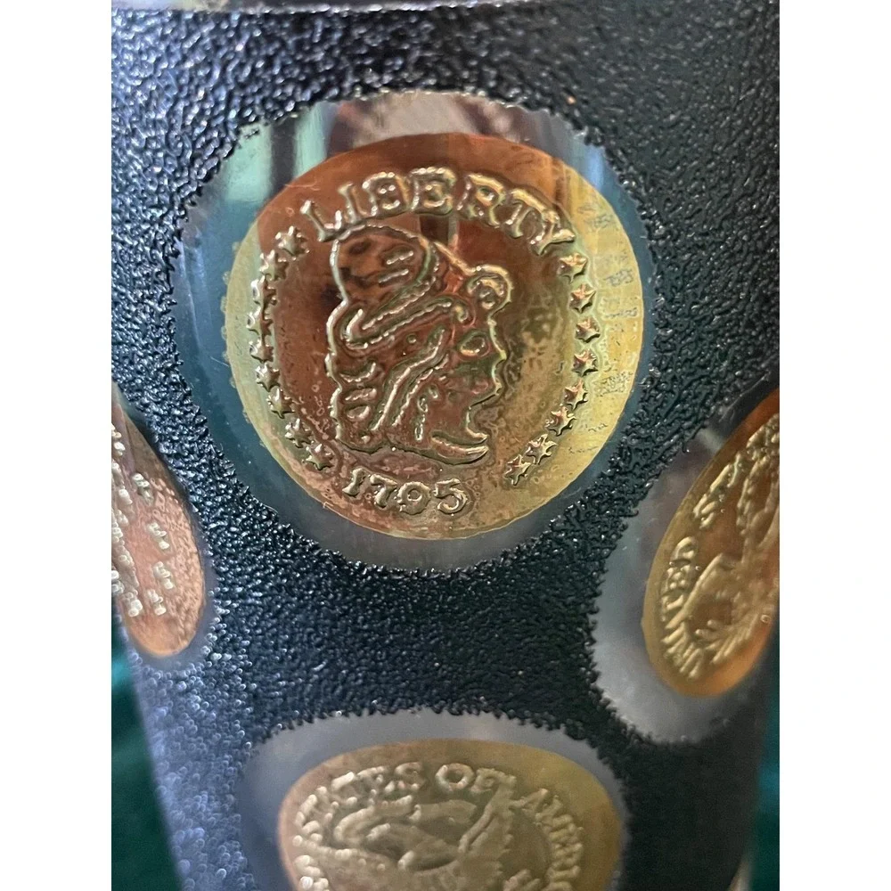 Mid Century Coin Glass Highball Set of 8 Black Gold‎ Textured Tumblers